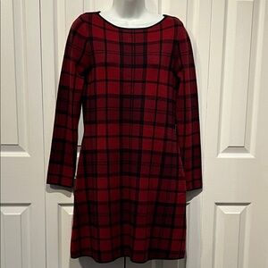 Tahari Red & Black Plaid Long Sleeve Sweater Dress‎ Size S NWT
